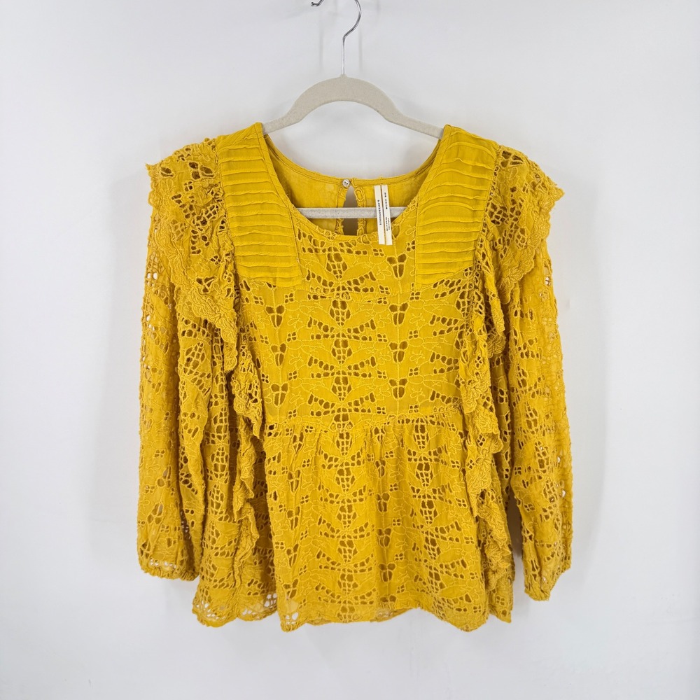 Anthropologie Eyelet Ruffle Top Mustard Size 14‎ Boho Lace Peasant Top Textured